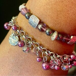 Silver Tone and Purple Beaded Dangle with Discs and Stretch Bracelet Set